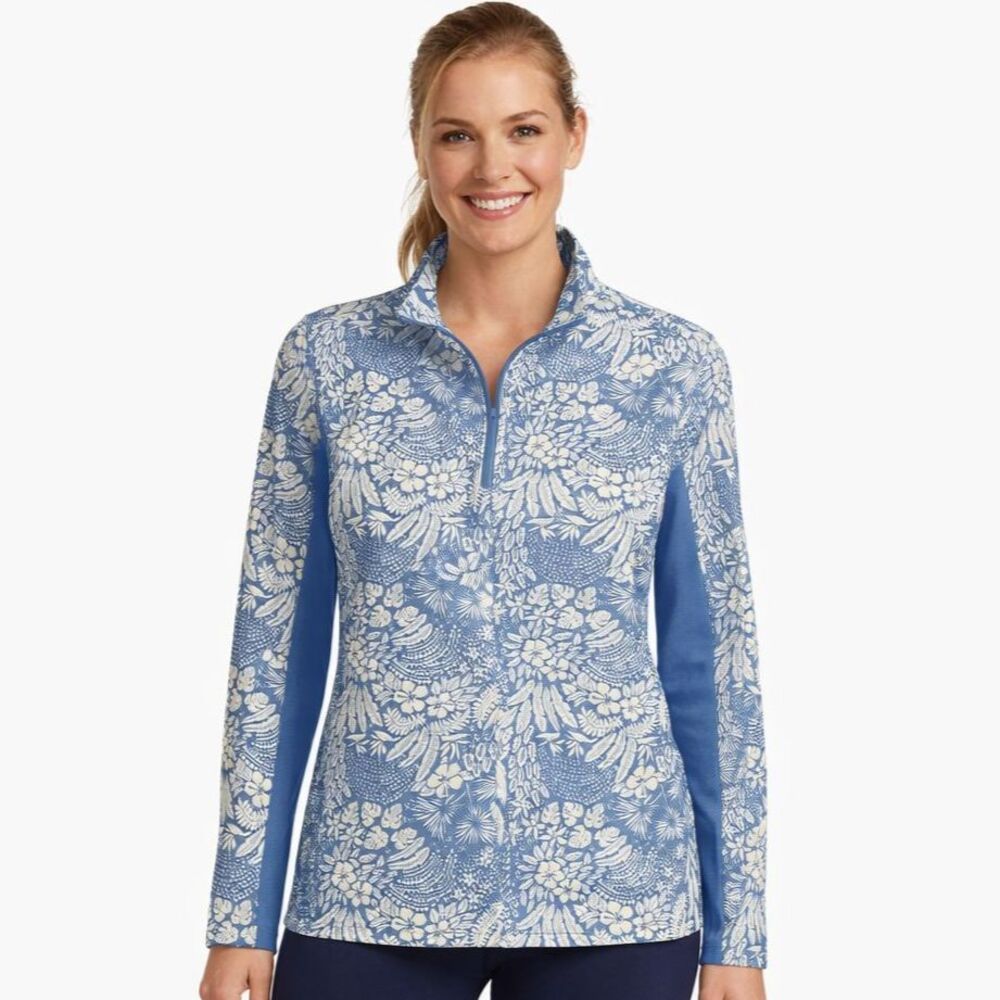 Tommy Bahama Everyday Active 1/4 Zip Womens XL Blue Tropical Mesh Sleeve UPF 50